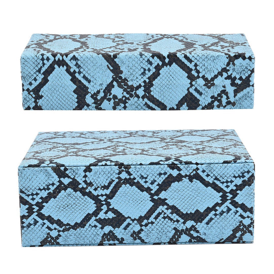2er-Set, Schmuckkasten mit Reise-Etui aus Kunstleder mit Python-Prägung, 24x19x9 und 22x17x3 cm, Blau