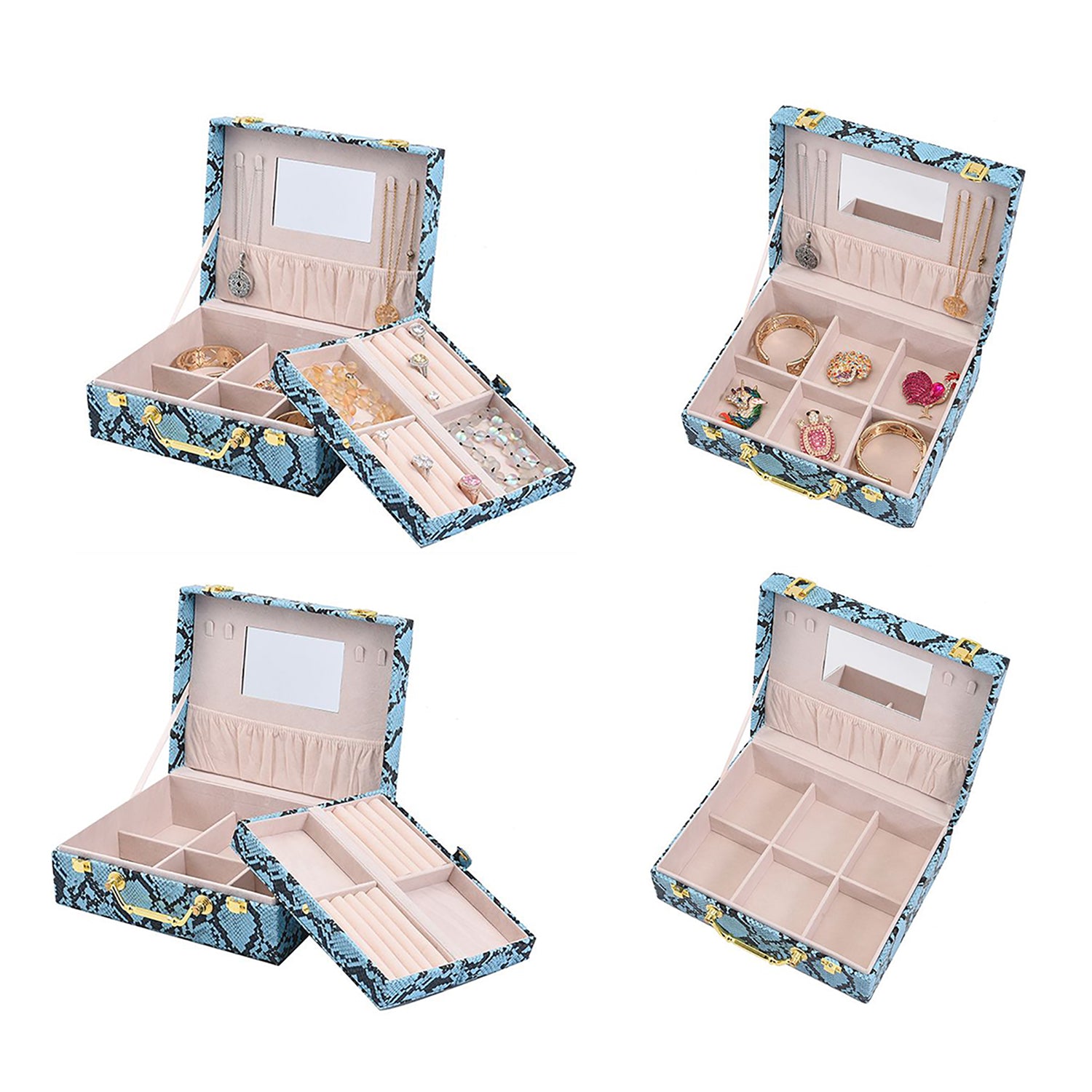 2er-Set, Schmuckkasten mit Reise-Etui aus Kunstleder mit Python-Prägung, 24x19x9 und 22x17x3 cm, Blau