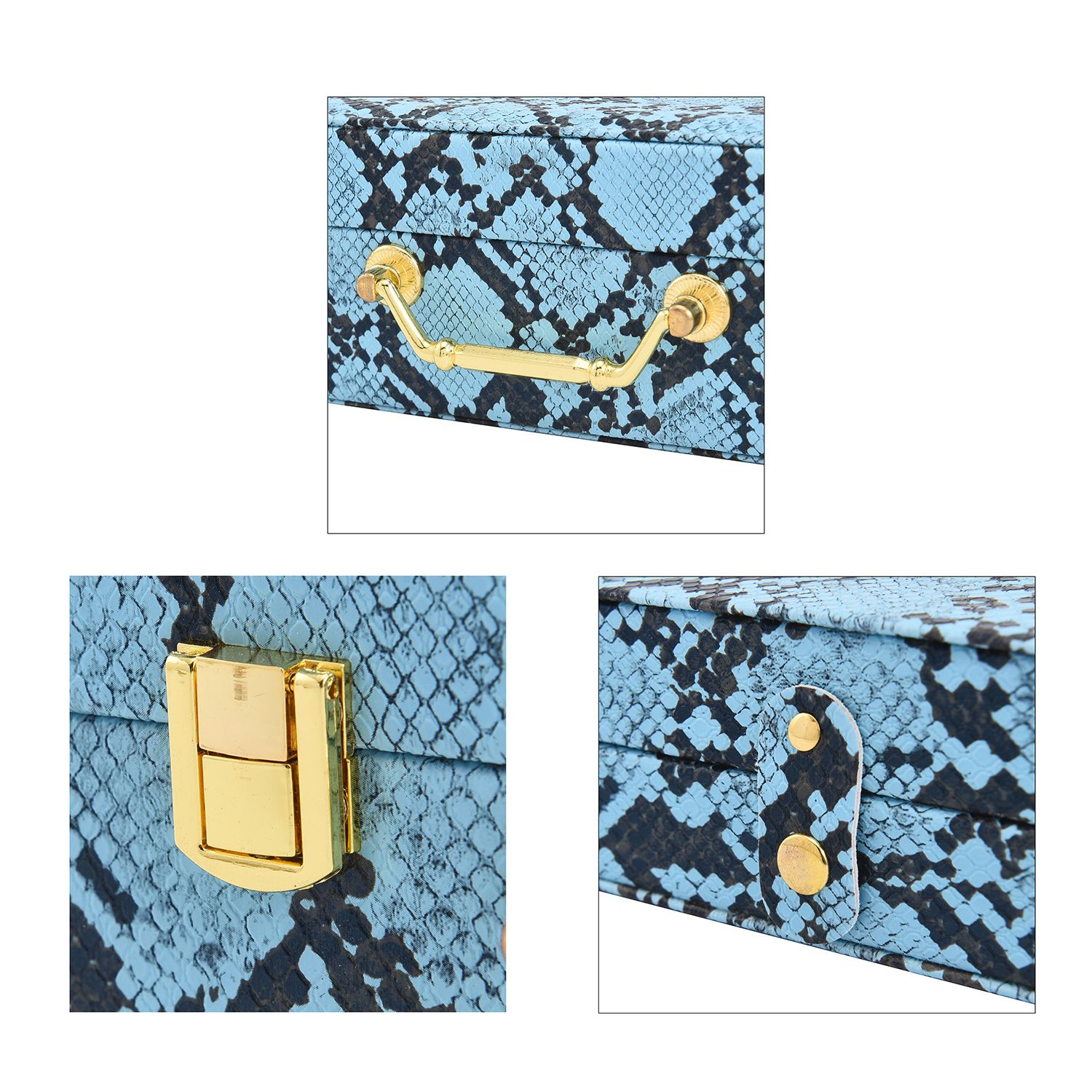 2er-Set, Schmuckkasten mit Reise-Etui aus Kunstleder mit Python-Prägung, 24x19x9 und 22x17x3 cm, Blau
