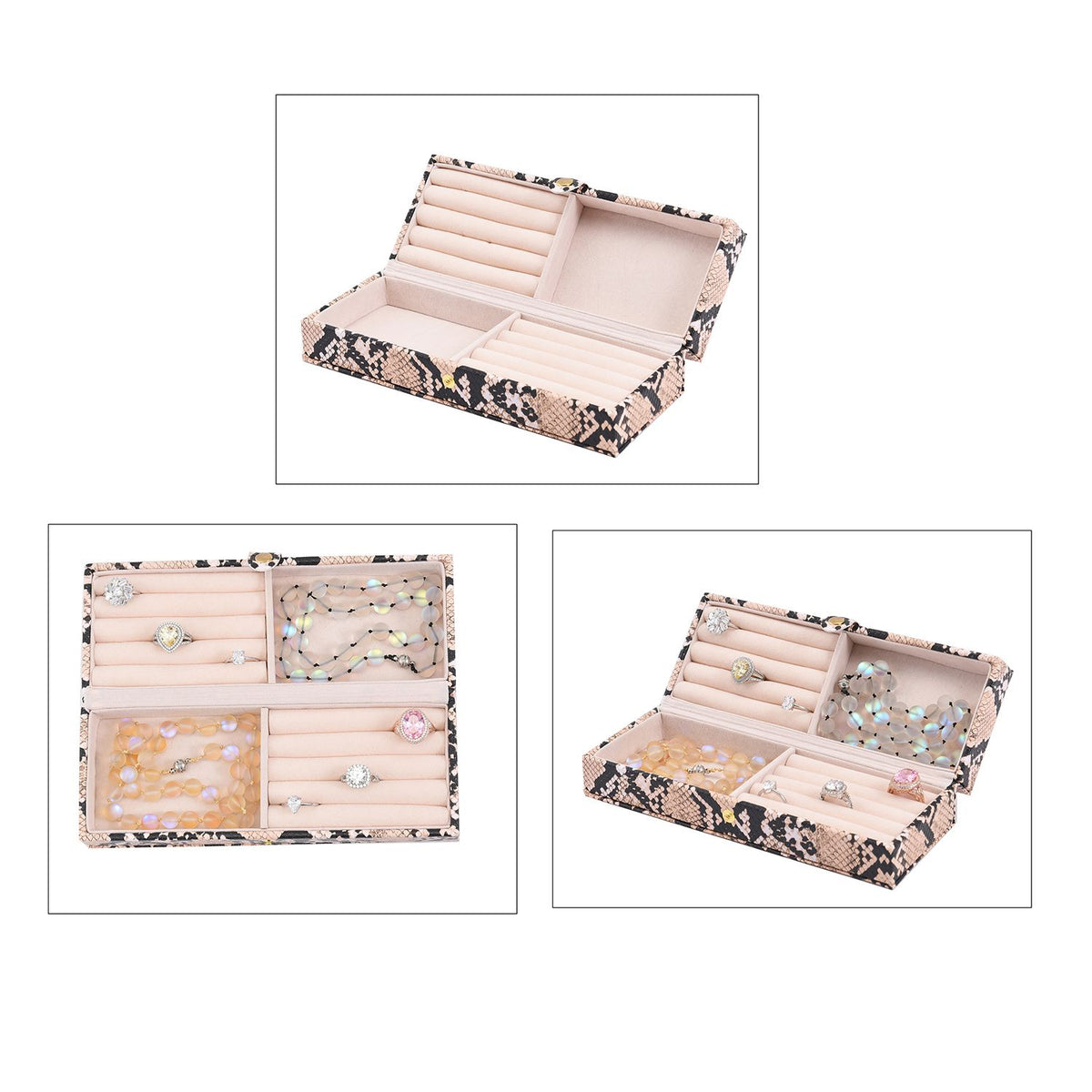 2er-Set, Schmuckkasten mit Reise-Etui aus Kunstleder mit Python-Prägung, 24x19x9 und 22x17x3 cm, Elfenbein