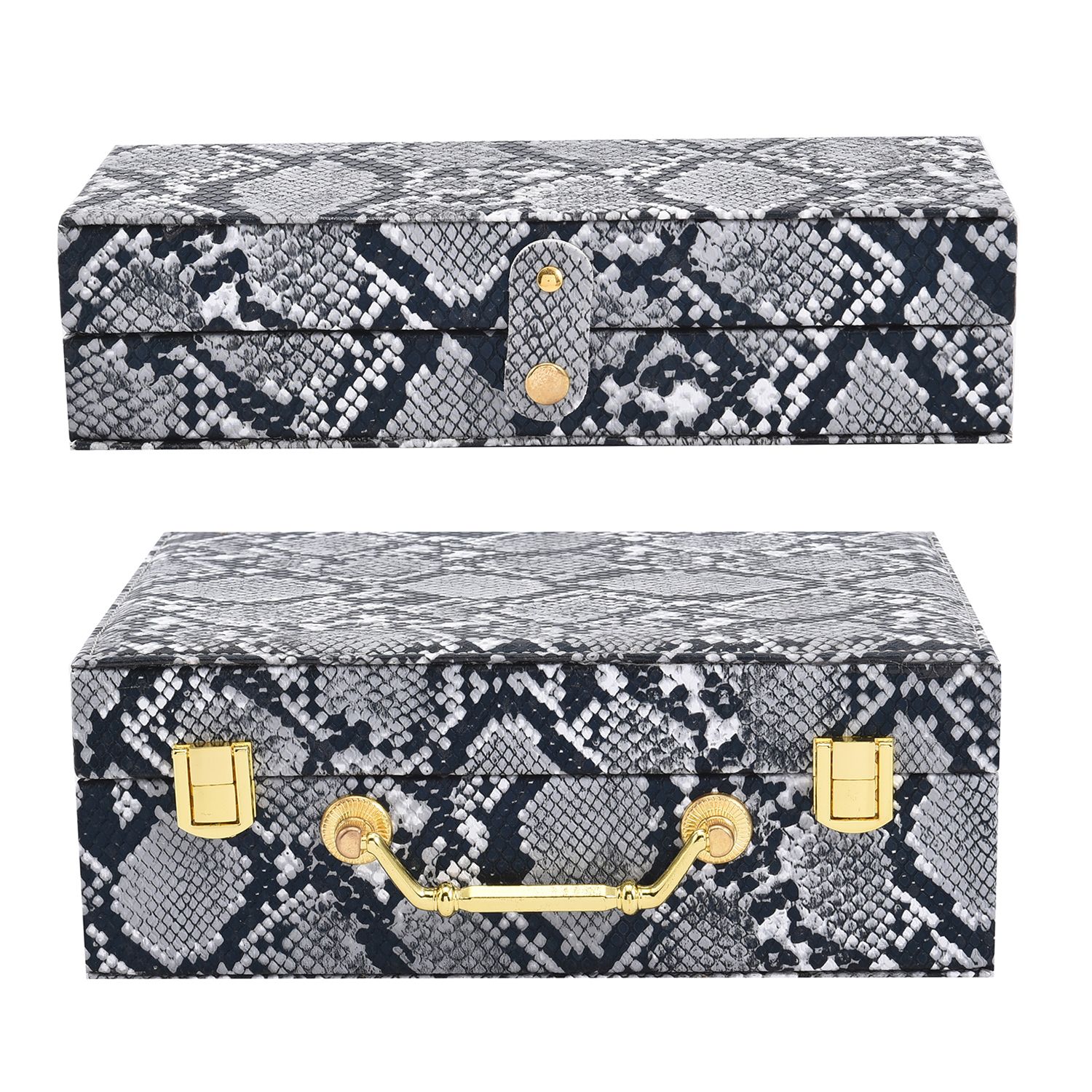 2er-Set, Schmuckkasten mit Reise-Etui aus Kunstleder mit Python-Prägung, 24x19x9 und 22x17x3 cm, Grau