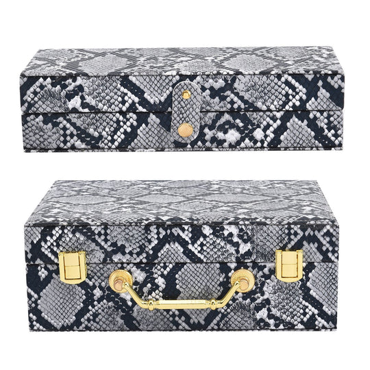 2er-Set, Schmuckkasten mit Reise-Etui aus Kunstleder mit Python-Prägung, 24x19x9 und 22x17x3 cm, Grau
