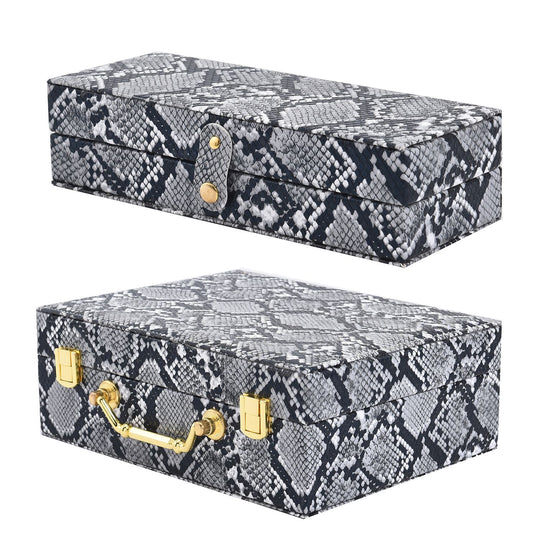 2er-Set, Schmuckkasten mit Reise-Etui aus Kunstleder mit Python-Prägung, 24x19x9 und 22x17x3 cm, Grau