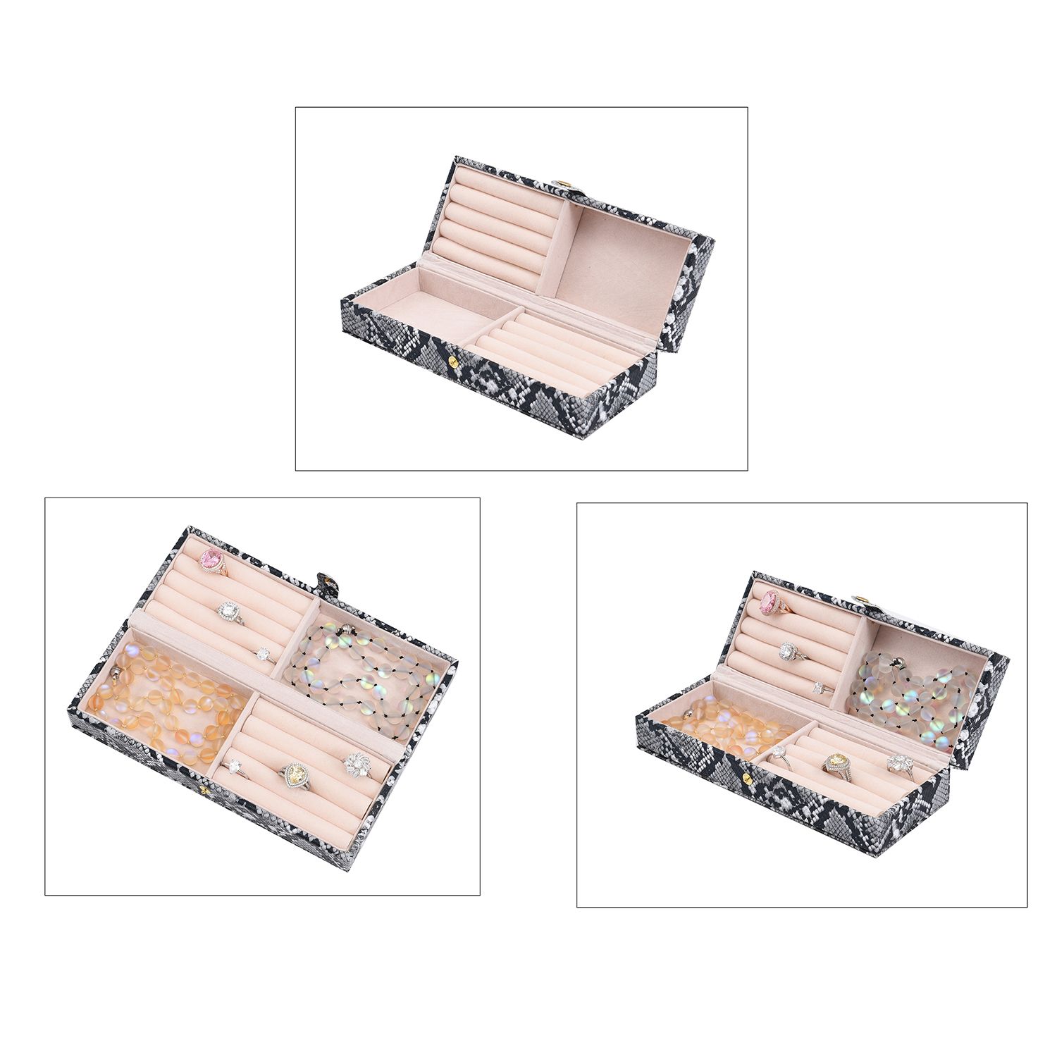 2er-Set, Schmuckkasten mit Reise-Etui aus Kunstleder mit Python-Prägung, 24x19x9 und 22x17x3 cm, Grau