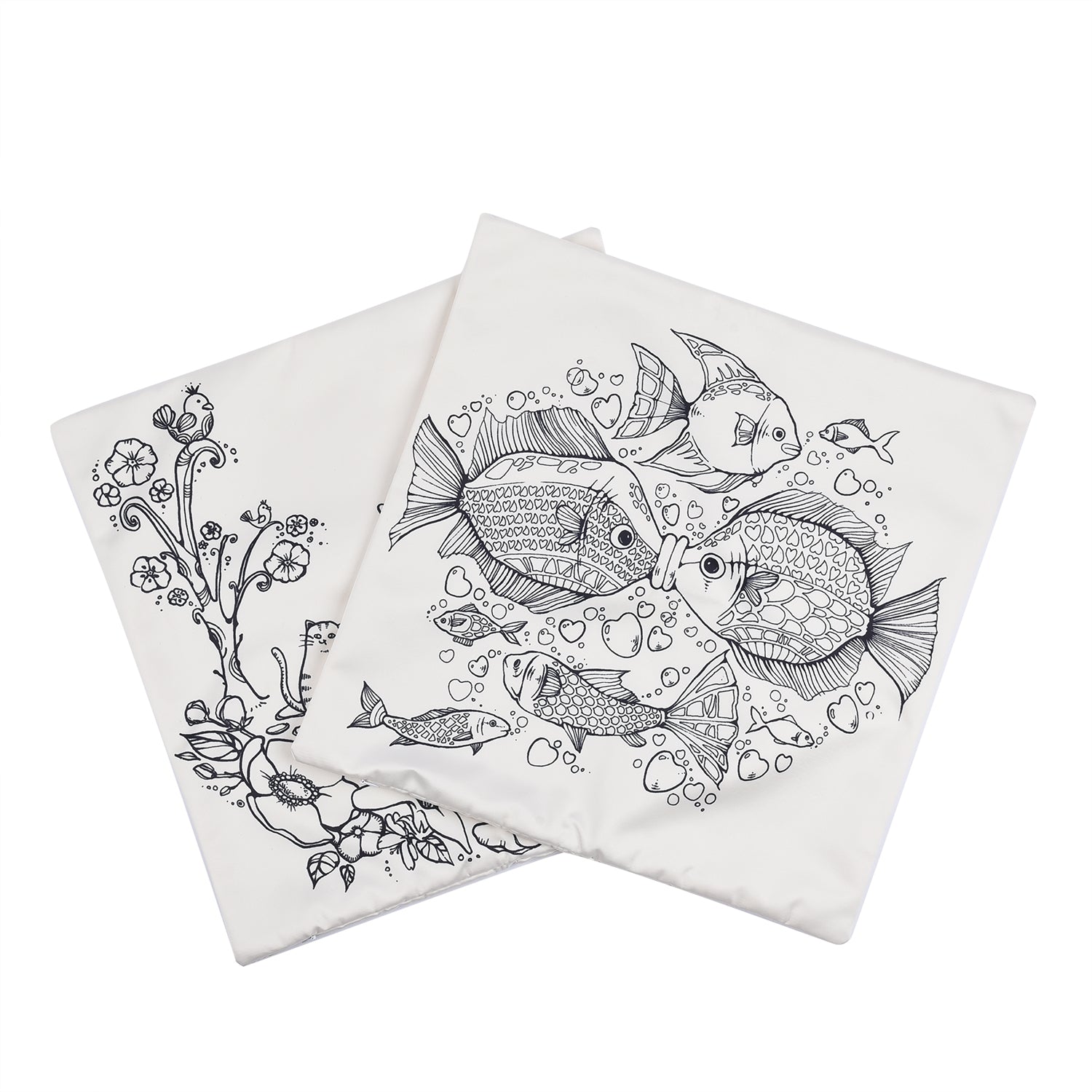 2er-Set, DIY Kissenbezug zum Bemalen mit 8 Textilfarb-Stiften, Größe 45x45 cm, Weiß, Fische