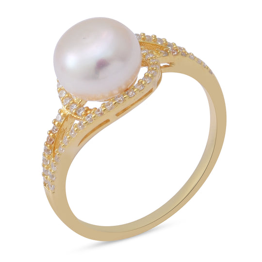 Süßwasser Perle und Simulierter Weißer Diamant Ring 925 Silber Vergoldet (Größe 16.00) ca. 0,50 ct