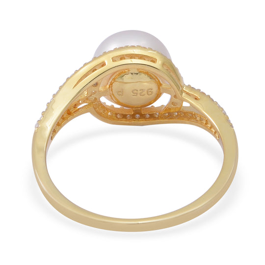 Süßwasser Perle und Simulierter Weißer Diamant Ring 925 Silber Vergoldet (Größe 16.00) ca. 0,50 ct