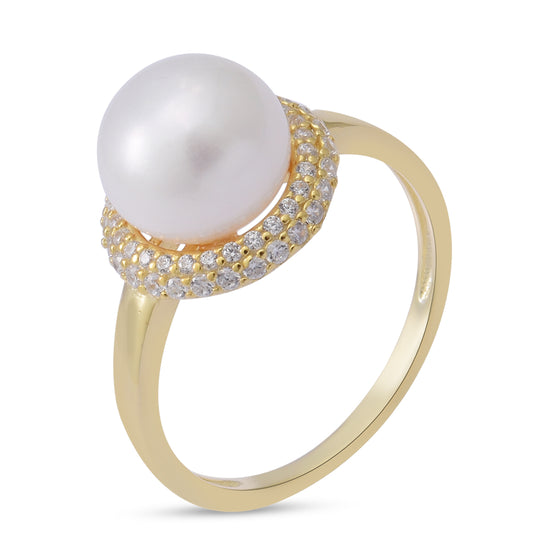 Süßwasser Perle und Simulierter Weißer Diamant Ring 925 Silber Vergoldet ca. 0,65 ct