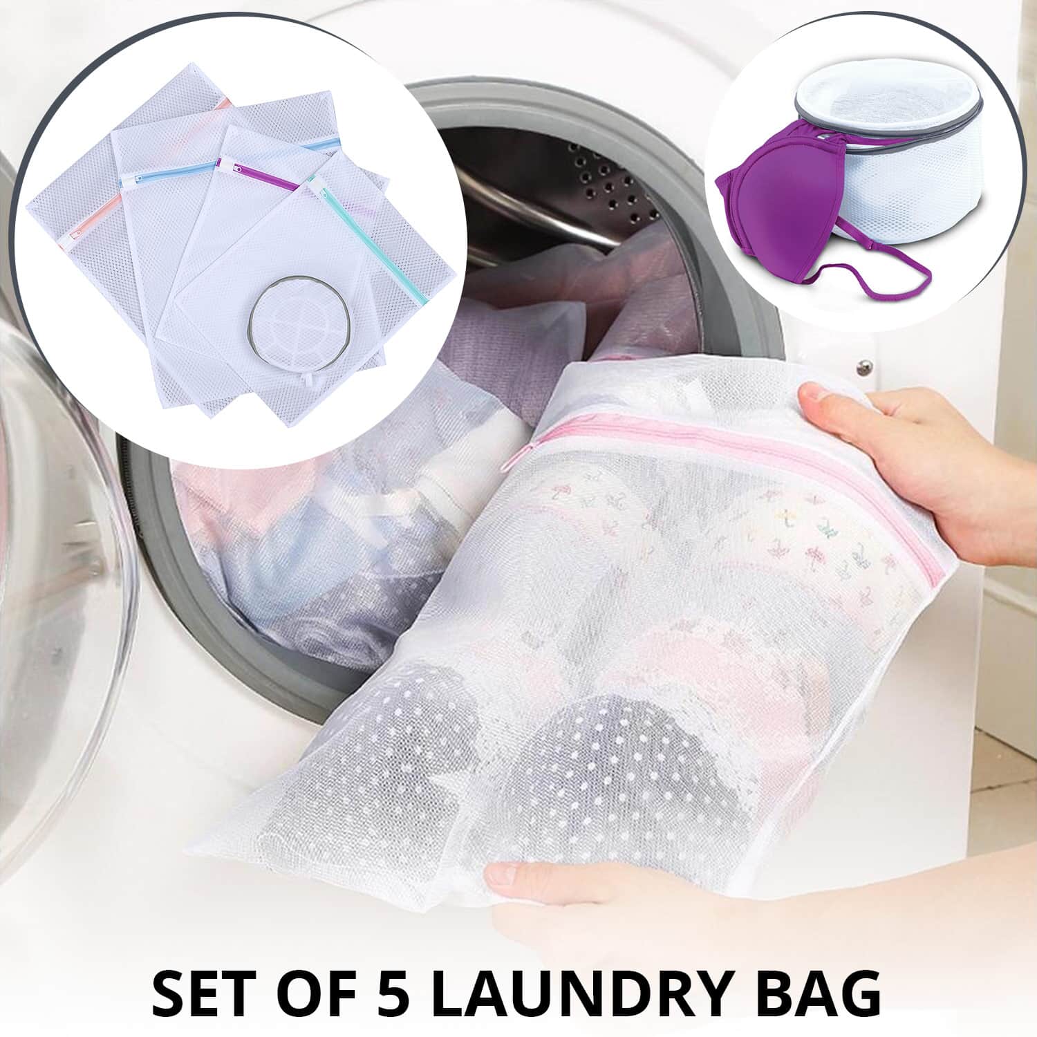 HOMESMART - 5er-Set, Meshgewebe-Wäschebeutel, Größe M - (2 Stk.) 12x16 cm, L -  (2 Stk.) 16x19,5 cm und XL  (1 Stk.) 19,5x27,55 cm