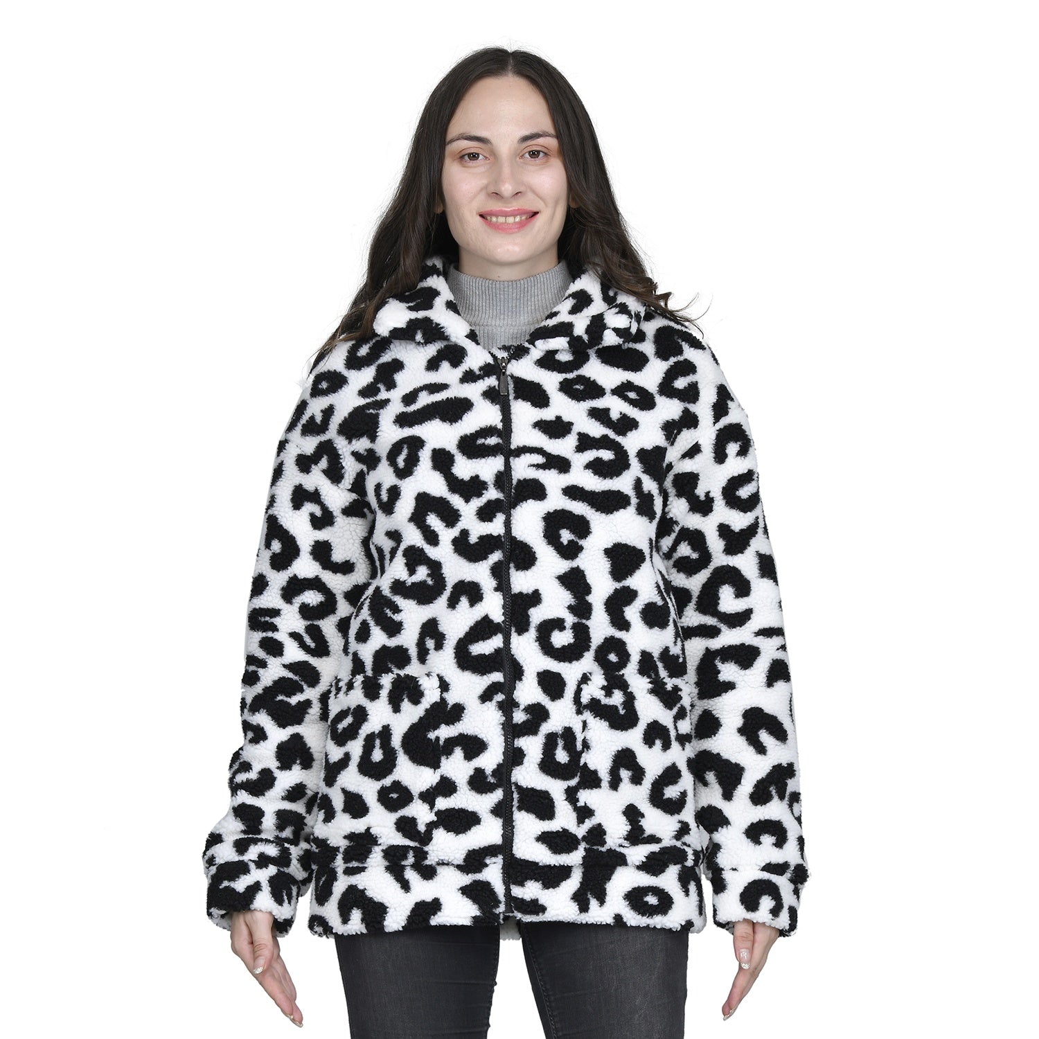 TAMSY - Kunstfell Jacke mit Reißverschluss, Schneeleopard Muster, Größe L 110x76x59 cm, Schwarz und Weiß