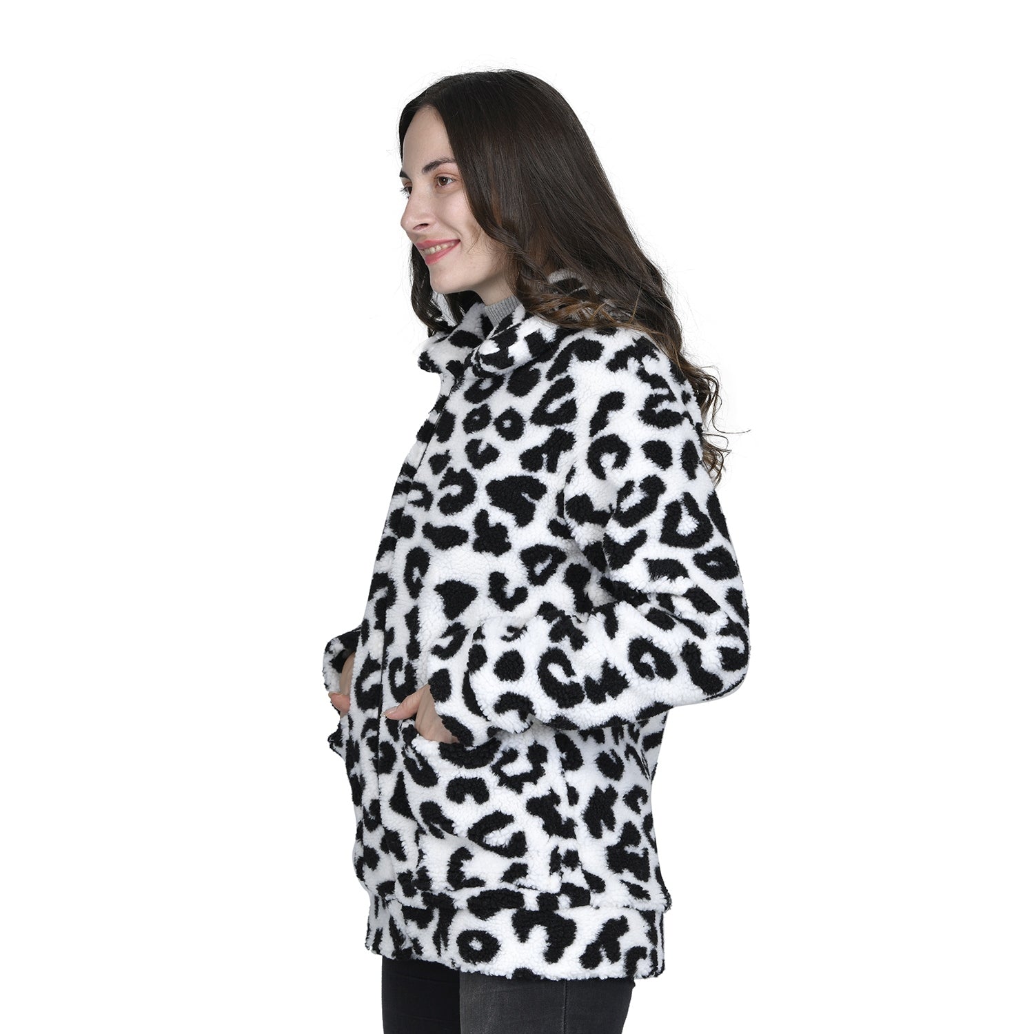 TAMSY - Kunstfell Jacke mit Reißverschluss, Schneeleopard Muster, Größe L 110x76x59 cm, Schwarz und Weiß