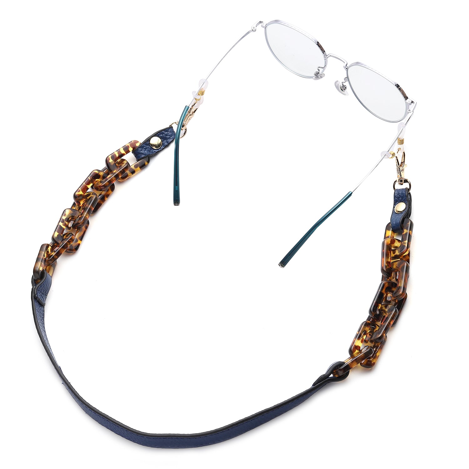 Brillenkette mit 100% Lederband, Leopardenmuster, Dunkelblau und Gold