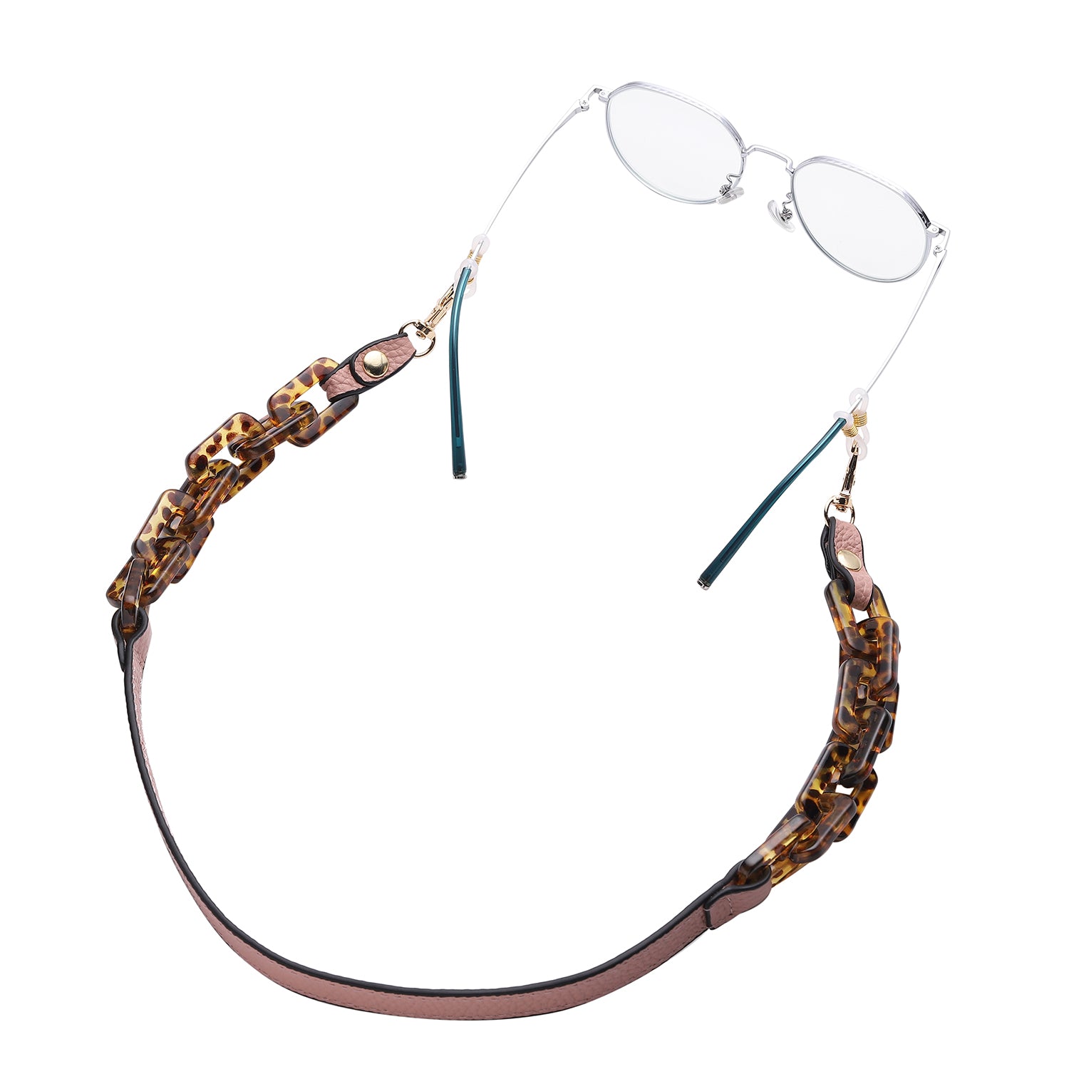 Brillenkette mit 100% Lederband, Leopardenmuster, Rosa und Gold