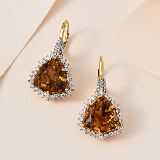 AA Citrin, Weißer Zirkon Ohrringe, 925 Silber vergoldet, ca. 17.27 ct