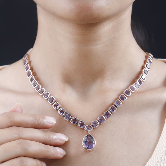Rose De France Amethyst Halskette, ca. 45 cm, 925 Silber rosévergoldet, ca. 38.26 ct