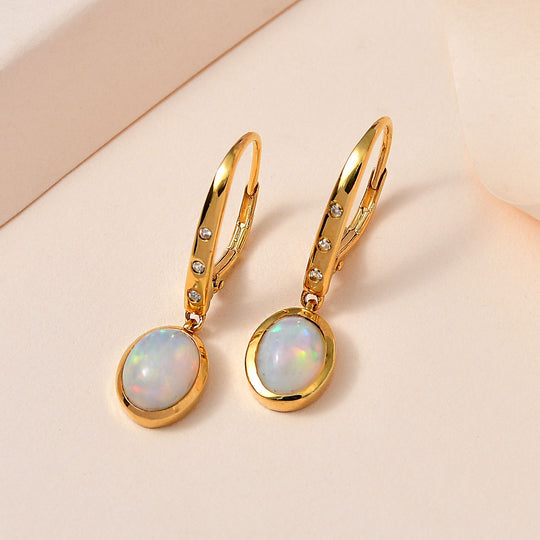 Natürlicher, äthiopischer Welo Opal, Weißer Zirkon Ohrringe, 925 Silber Gelbgold Vermeil, ca. 2.44 ct