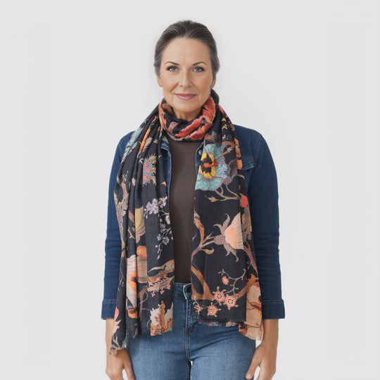 LA MAREY - 100% Kaschmirwolle Schal mit floralem Muster, 70 x 190cm. Floral