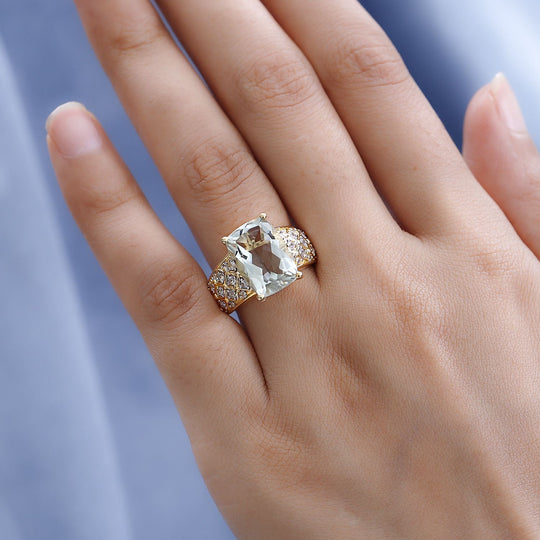 Prasiolith, weißer Zirkon Ring, 925 Silber vergoldet, ca. 6.67 ct