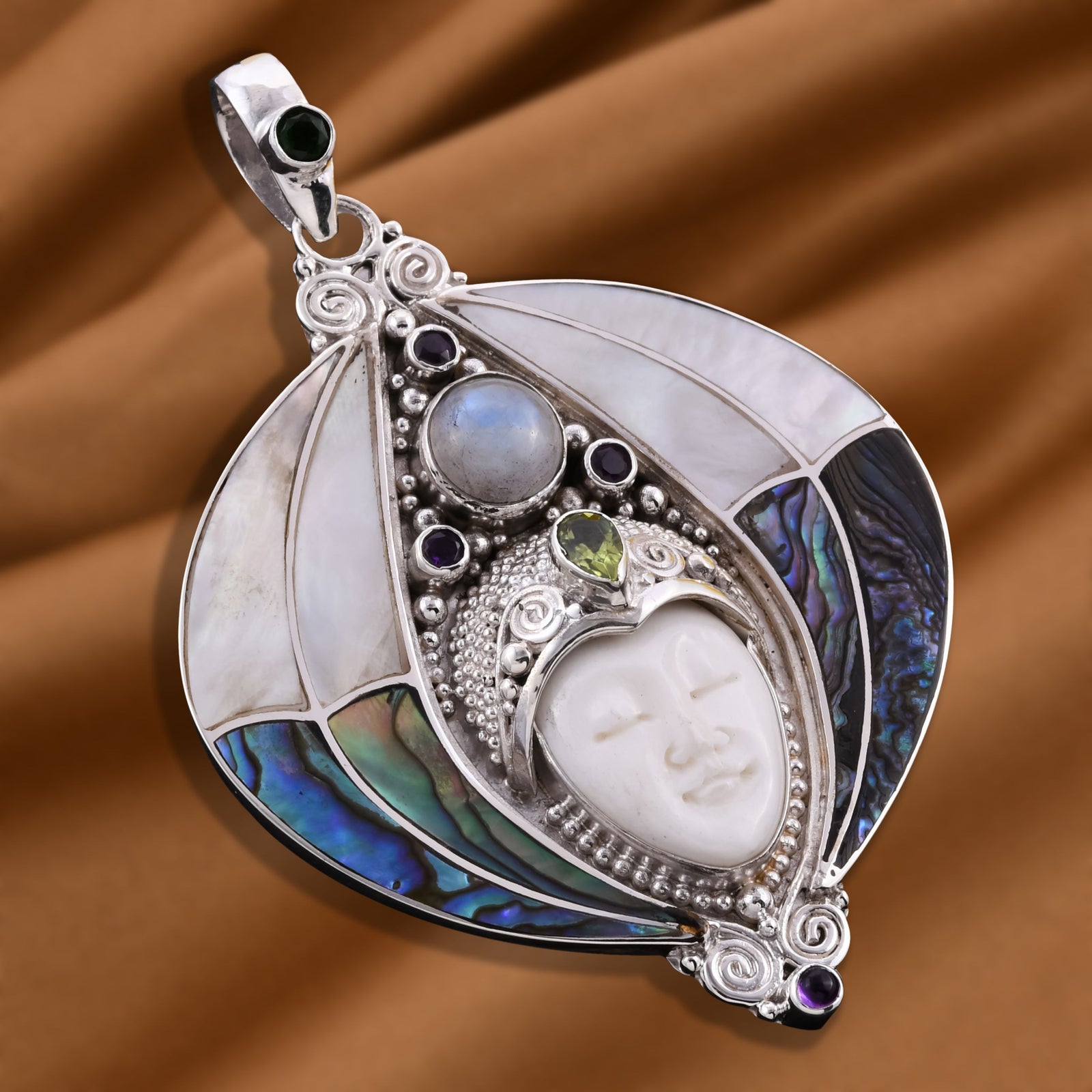 Sajen Silber - Oxbone, Regenbogen Mondstein Anhänger 925 Silber ca. 12.88 ct