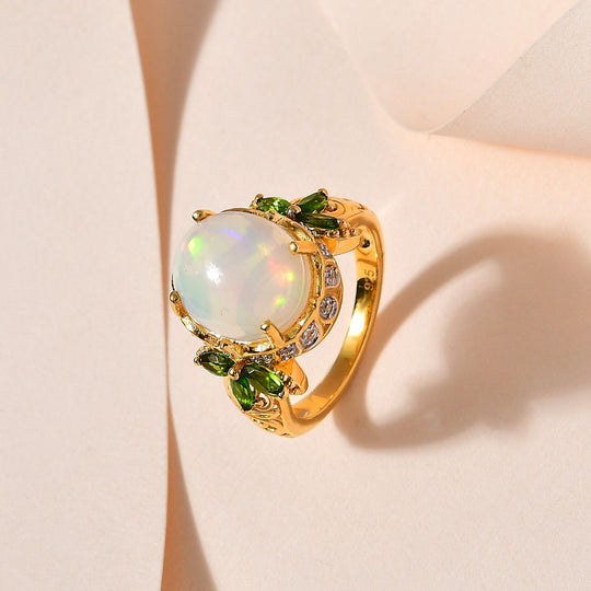 Natürlicher, äthiopischer Welo Opal, Natürlicher Chromdiopsid Ring, 925 Silber Gelbgold Vermeil, ca. 3.78 ct