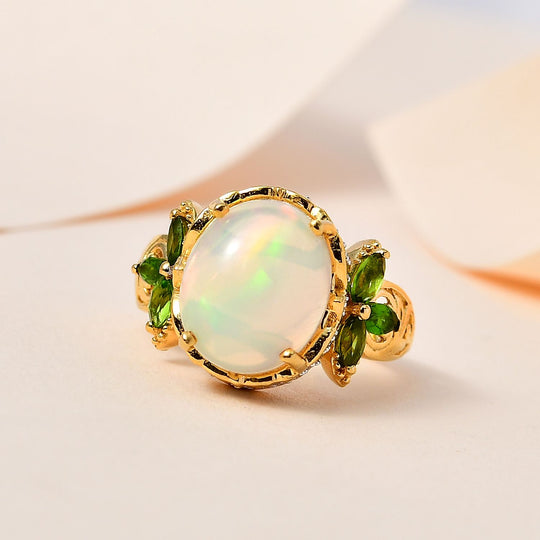 Natürlicher, äthiopischer Welo Opal, Natürlicher Chromdiopsid Ring, 925 Silber Gelbgold Vermeil, ca. 3.78 ct