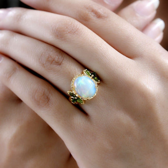 Natürlicher, äthiopischer Welo Opal, Natürlicher Chromdiopsid Ring, 925 Silber Gelbgold Vermeil, ca. 3.78 ct