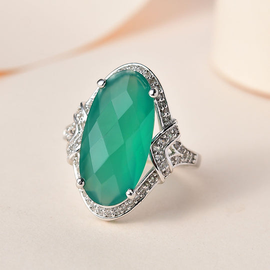 Grüner Onyx, Weißer Zirkon Ring, 925 Silber platiniert ca. 7.46 ct