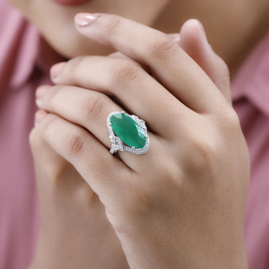 Grüner Onyx, Weißer Zirkon Ring, 925 Silber platiniert ca. 7.46 ct