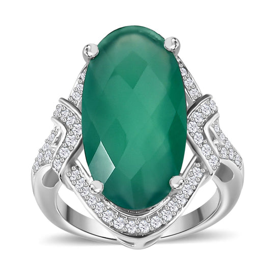 Grüner Onyx, Weißer Zirkon Ring, 925 Silber platiniert ca. 7.46 ct