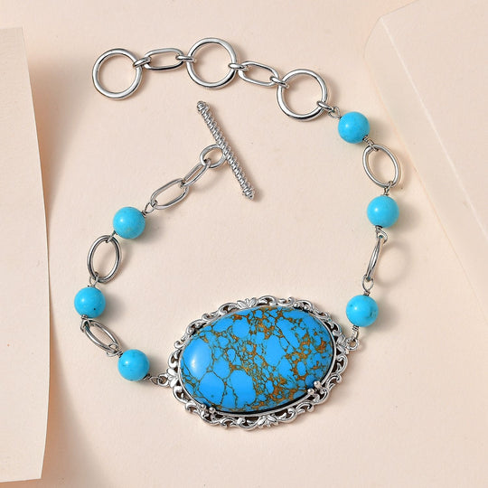 Blaues Türkis Armband, ca. 16.5 cm, platiniert, ca. 36.67 ct