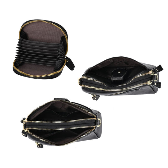 Duo Set - Echtleder Umhängetasche mit RFID-Sicherheits-Kartenetui, 19 x 5,5 x 12 cm, Burgunderrot