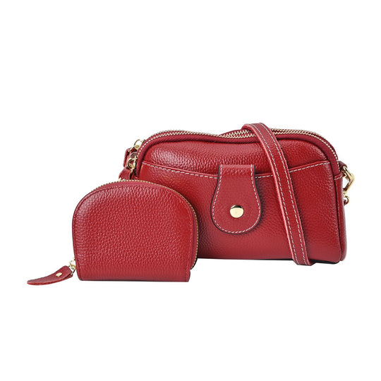 Duo Set - Echtleder Umhängetasche mit RFID-Sicherheits-Kartenetui, 19 x 5,5 x 12 cm, Burgunderrot