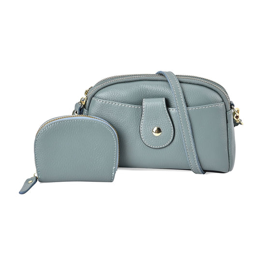 Duo Set - Echtleder Umhängetasche mit RFID-Sicherheits-Kartenetui, 19 x 5,5 x 12 cm, Burgunderrot