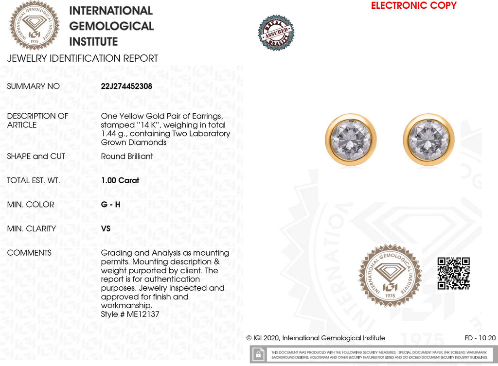 LUXURIANT DIAMOND - Lab grown Diamant VS-GH Ohrringe, IGI zertifiziert, 585 Gold ca. 1.01 ct