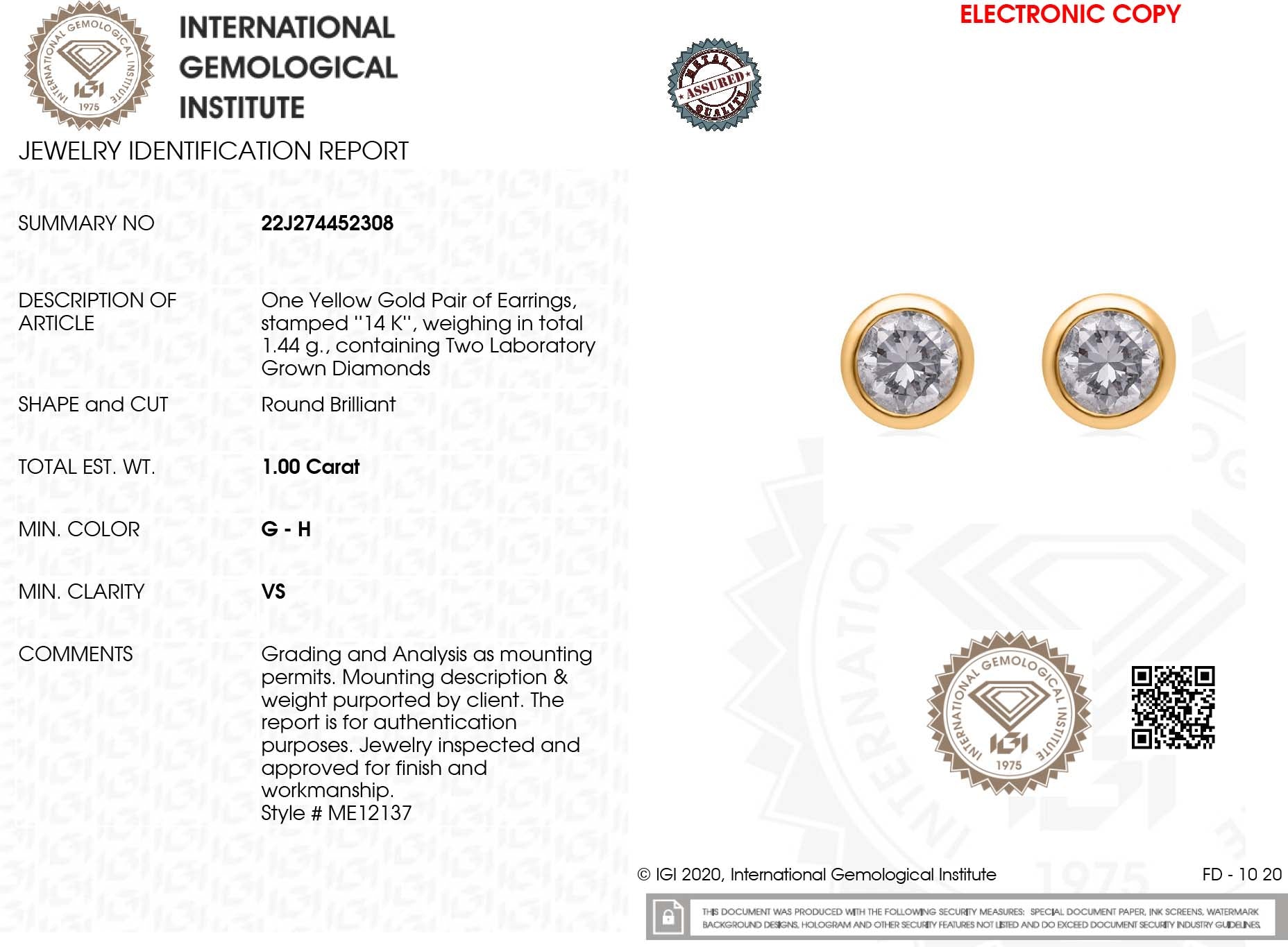 LUXURIANT DIAMOND - Lab grown Diamant VS-GH Ohrringe, IGI zertifiziert, 585 Gold ca. 1.01 ct
