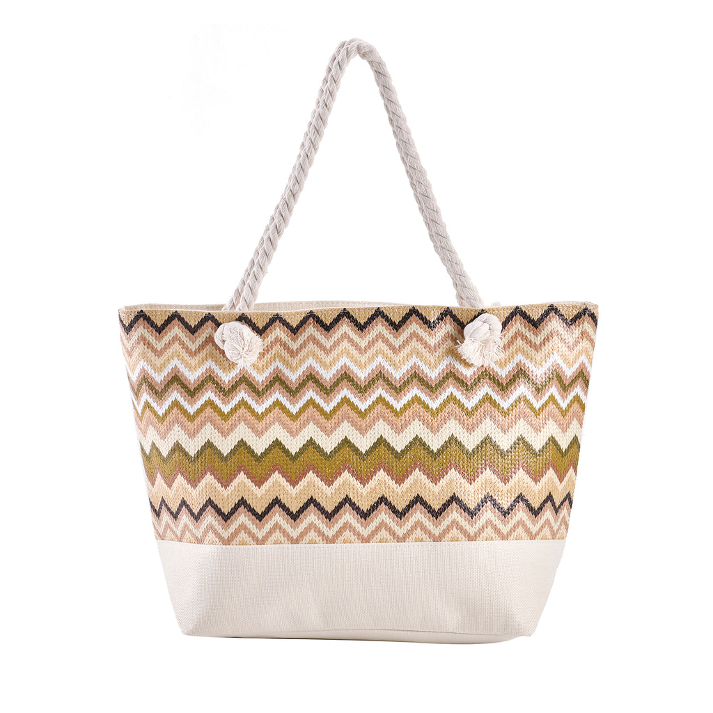 Jacquard Handtasche aus Jute mit Zig-Zag Muster, 51x34x16cm, Kaffee