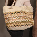 Jacquard Handtasche aus Jute mit Zig-Zag Muster, 51x34x16cm, Kaffee