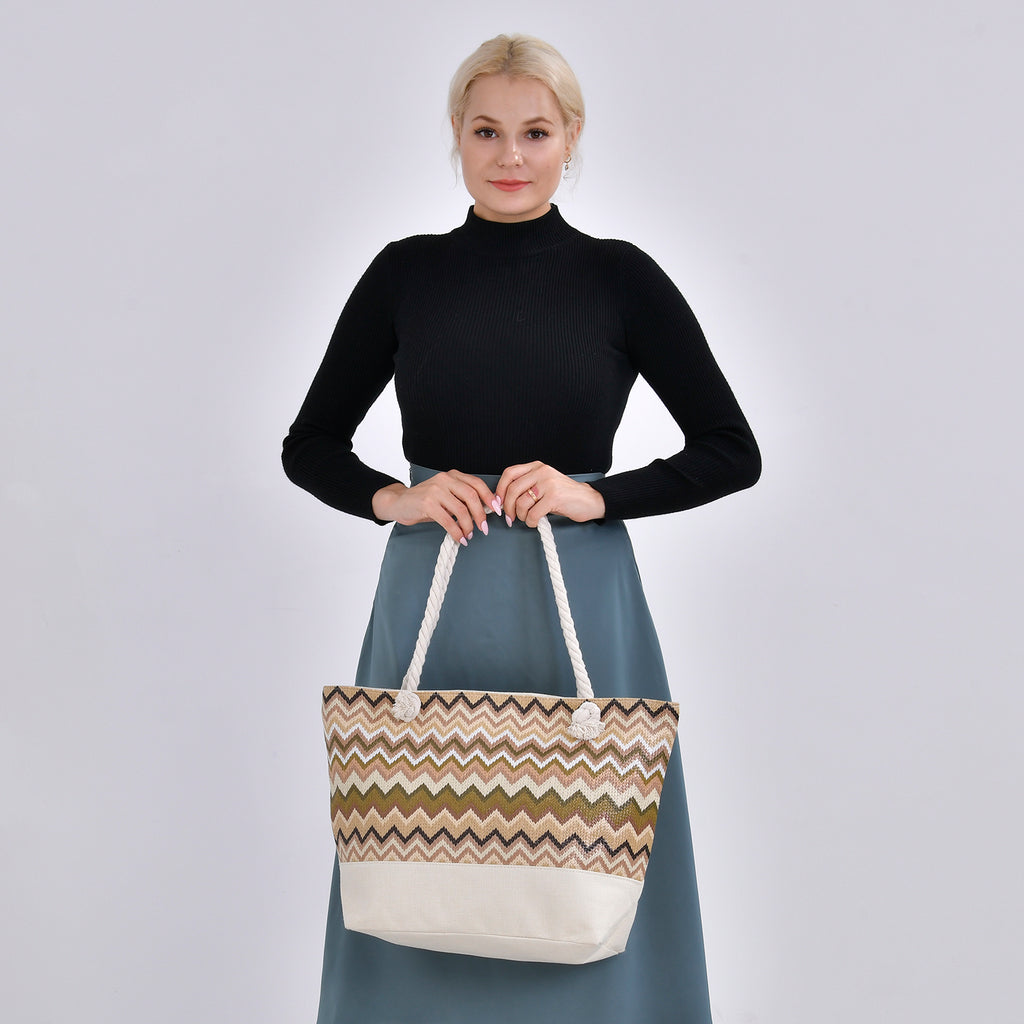 Jacquard Handtasche aus Jute mit Zig-Zag Muster, 51x34x16cm, Kaffee