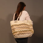 Jacquard Handtasche aus Jute mit Zig-Zag Muster, 51x34x16cm, Kaffee