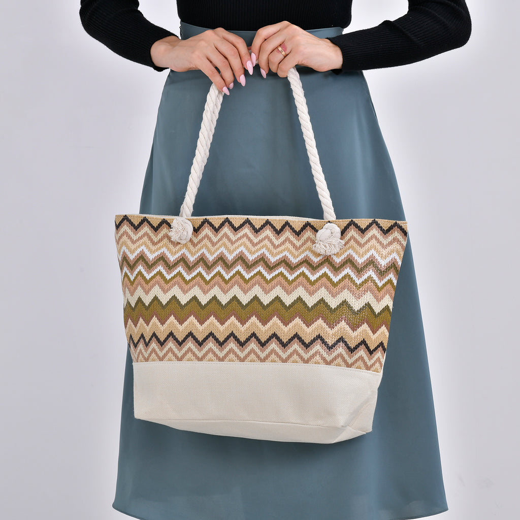 Jacquard Handtasche aus Jute mit Zig-Zag Muster, 51x34x16cm, Kaffee