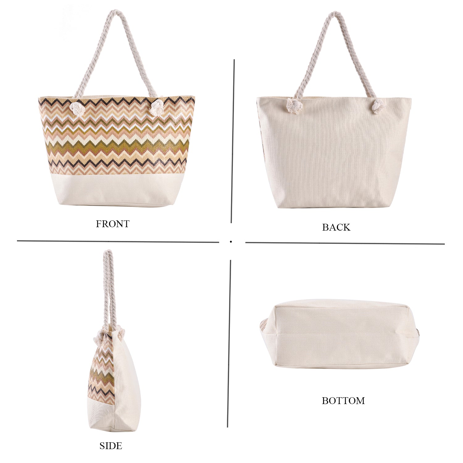 Jacquard Handtasche aus Jute mit Zig-Zag Muster, 51x34x16cm, Kaffee