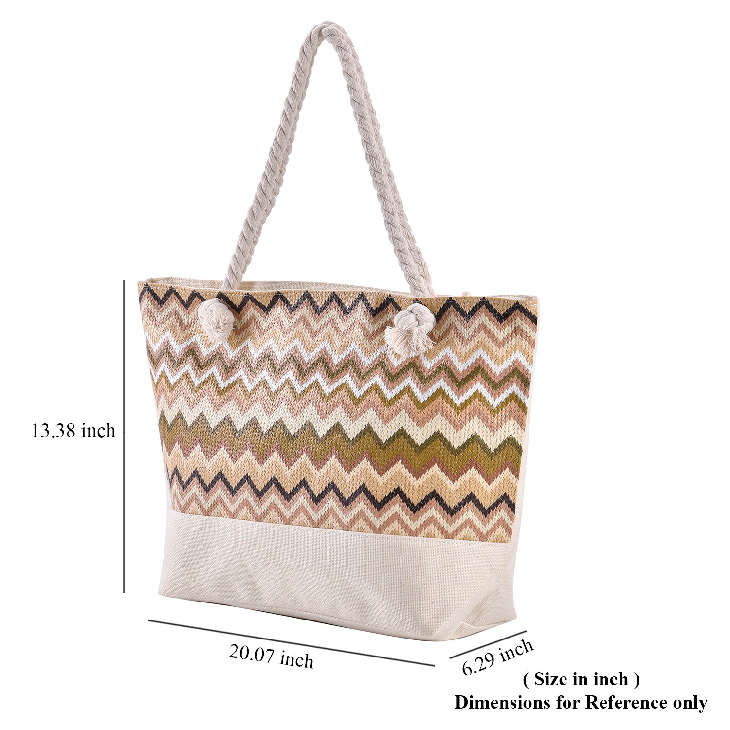 Jacquard Handtasche aus Jute mit Zig-Zag Muster, 51x34x16cm, Kaffee