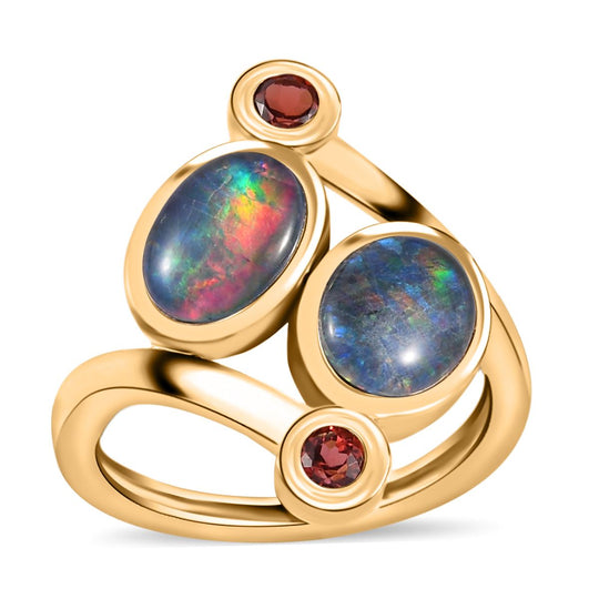Boulder Opal Triplette, Mosambik Granat Ring, 925 Silber vergoldet ca. 2.16 ct