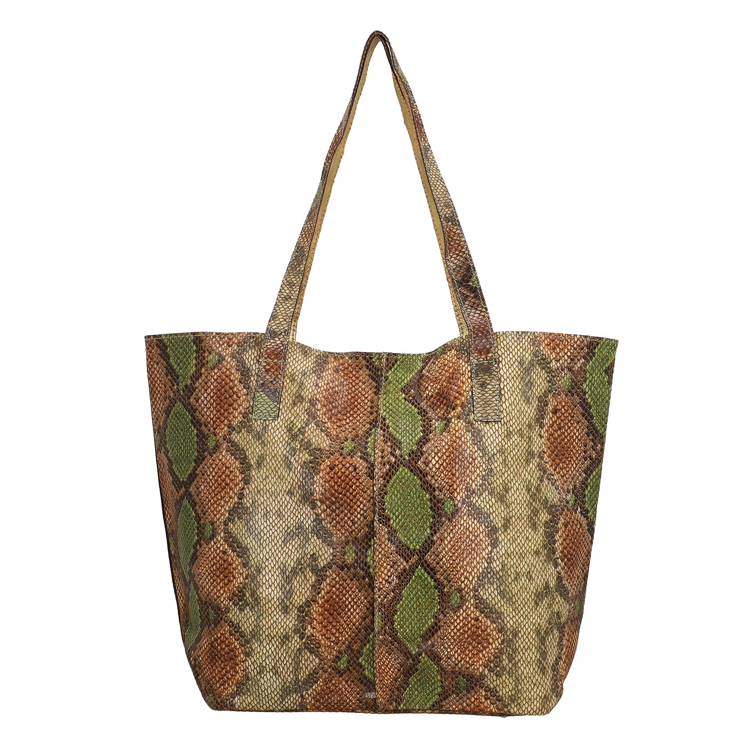 100% Genuine Leather Tote Bag Theme: Snake foil Print Color: Green & Brown Size: 9.65 x 6.88 x 3.14 inches