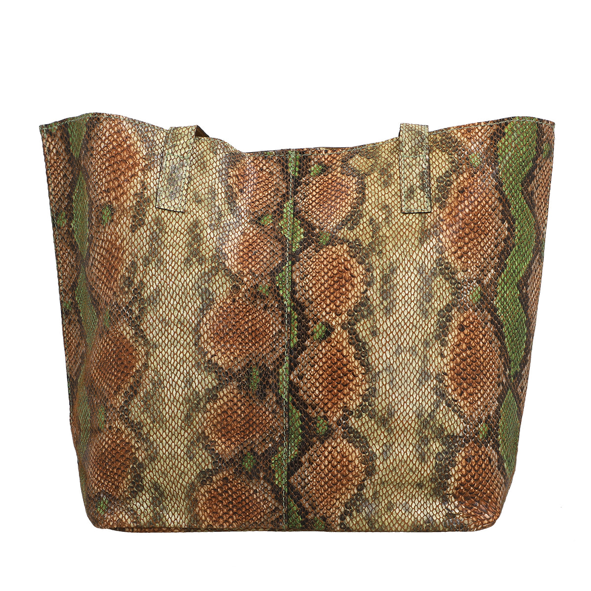 100% Genuine Leather Tote Bag Theme: Snake foil Print Color: Green & Brown Size: 9.65 x 6.88 x 3.14 inches