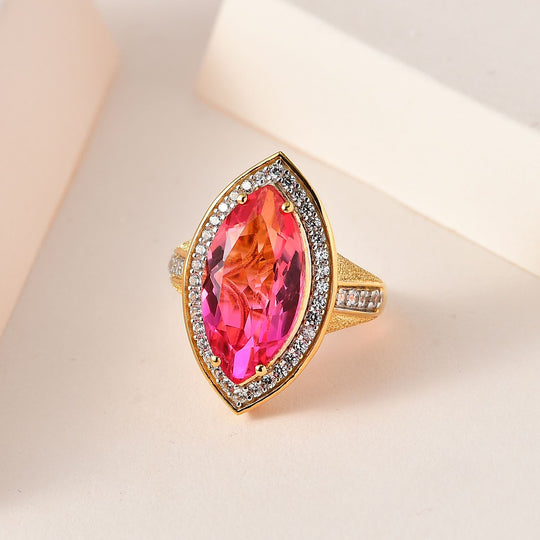 Sunset Triplett Quarz, Weißer Zirkon Ringe 925 Silber Gelbgold Vermeil ca. 9.22 ct