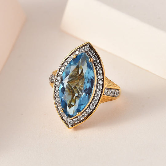 Paraiba Blau Triplette Quarz, Weißer Zirkon Ring, 925 Silber Gelbgold Vermeil ca. 9.17 ct