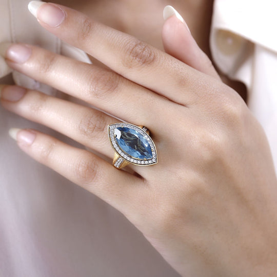 Paraiba Blau Triplette Quarz, Weißer Zirkon Ring, 925 Silber Gelbgold Vermeil ca. 9.17 ct
