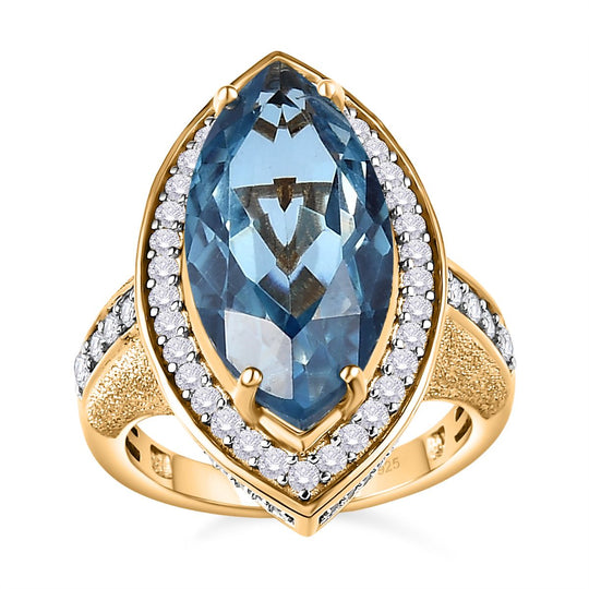 Paraiba Blau Triplette Quarz, Weißer Zirkon Ring, 925 Silber Gelbgold Vermeil ca. 9.17 ct