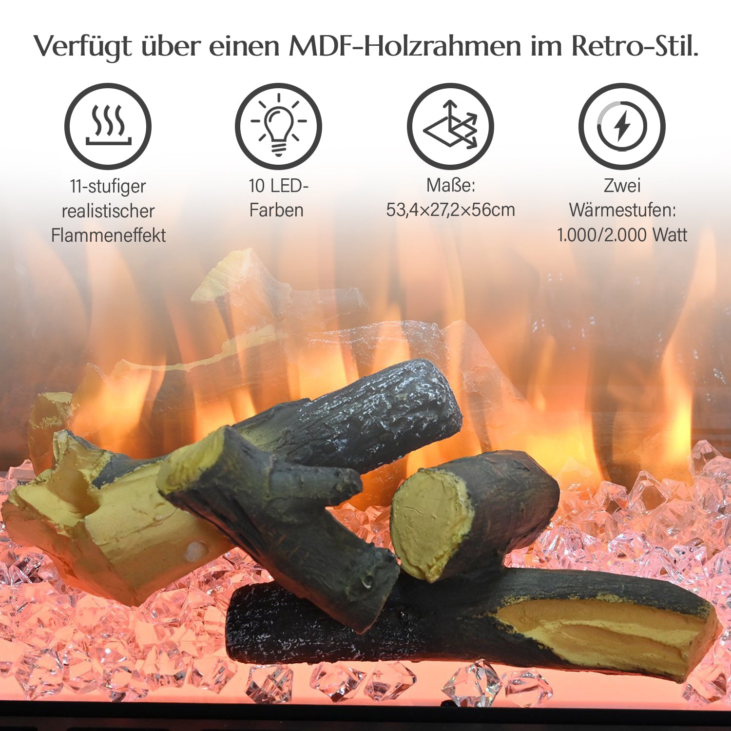 Elektrischer Kamin mit Authentischem Flammenspiel: Flexibel in 2 Heizstufen, 11-stufiger realistischer Flammeneffekt, 3 einstellbare Helligkeitsgrade